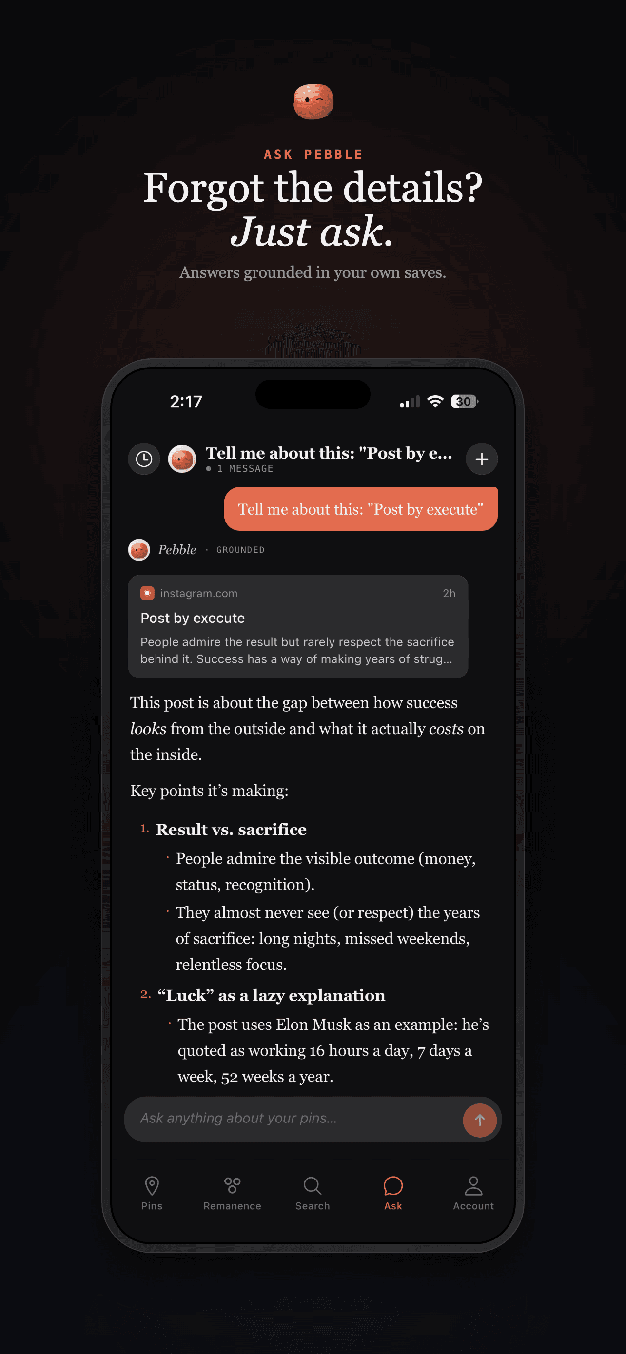 Ask Pebble answering a question from a saved post