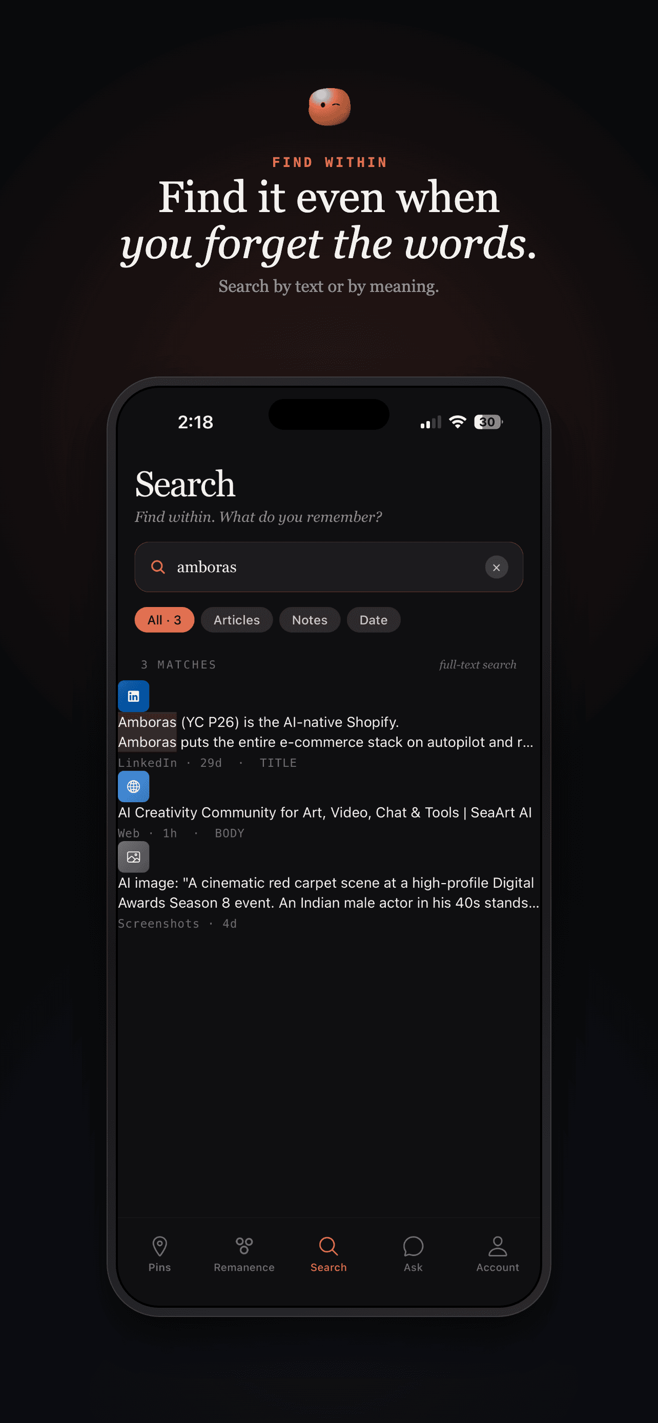 Search saved content by words or meaning