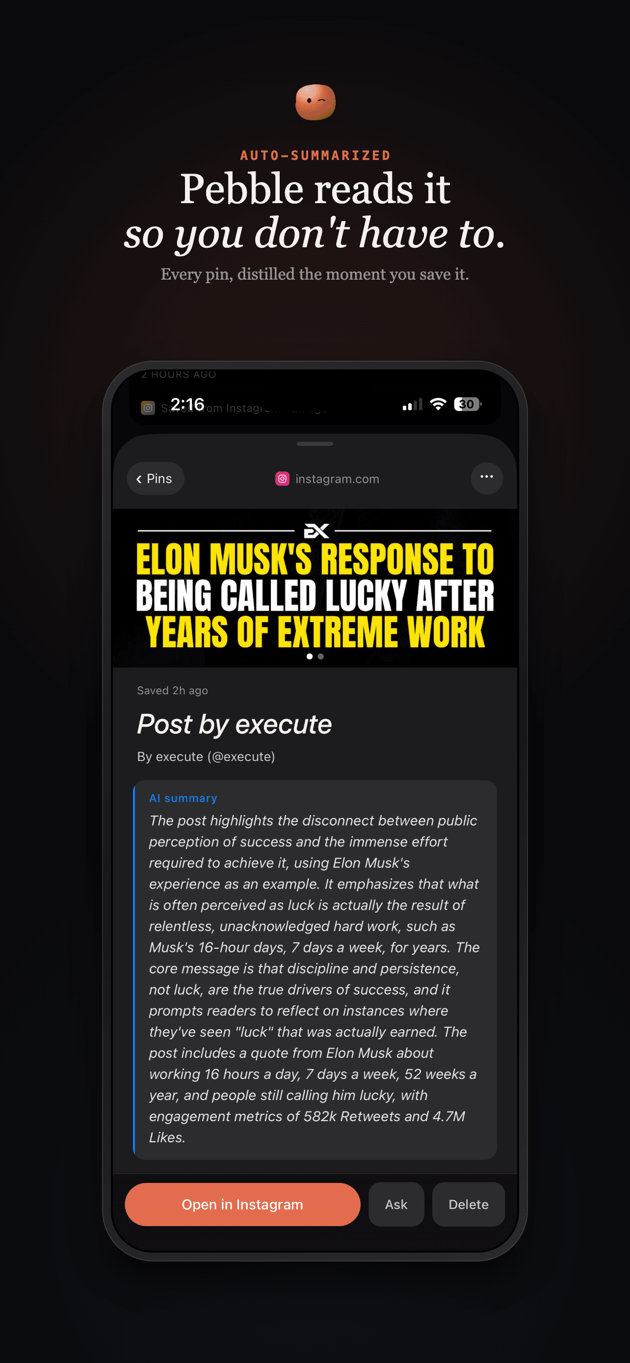 Pebble automatically summarizes a saved post